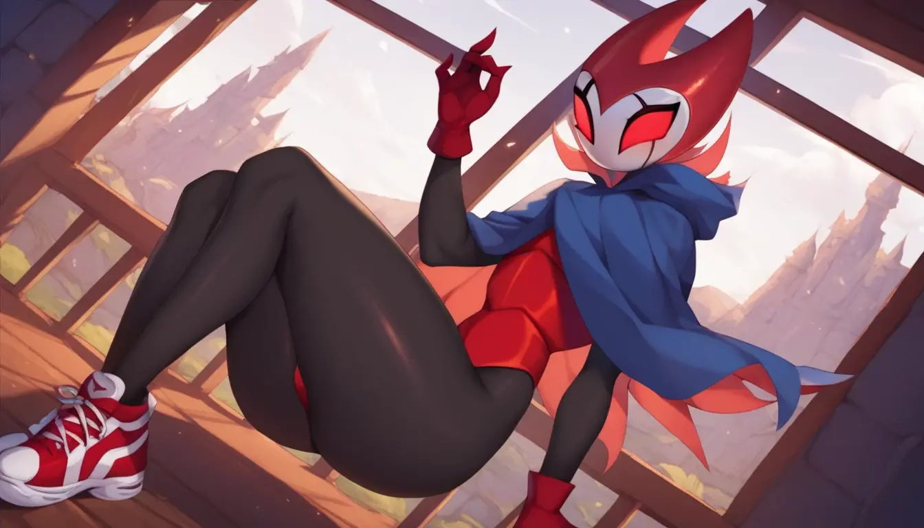 score_9, score_8_up, score_7_up, score_6_up, zPDXL2, grimm \(hollow knight\), vampire, bat, 1boy, solo, cute face, detailed eyes, anthro, near the window, landscape, looking at the viewer, highlight thighs, red sports gloves, sneakers, profile picture, blue hooded sweatshirt, (dynamic poses)