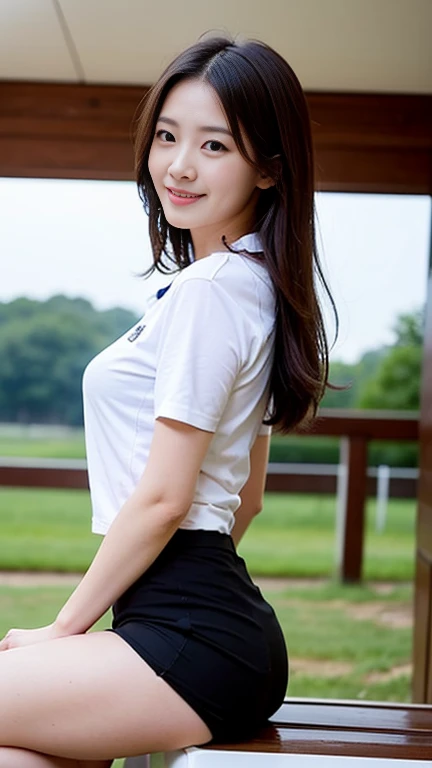 (BEST QUALITY, MASTER PIECE, ULTRA HIGH RESOLUTION, (PHOTOREALISTIC:1.4), RAW PHOTO), 1little girl, (upturned ass, beautiful buttocks), (very Cute face, very cute smile, Black hair),wearing poro shirts and pleated skirt,  sunny Outdoors, Stand and pose romantically