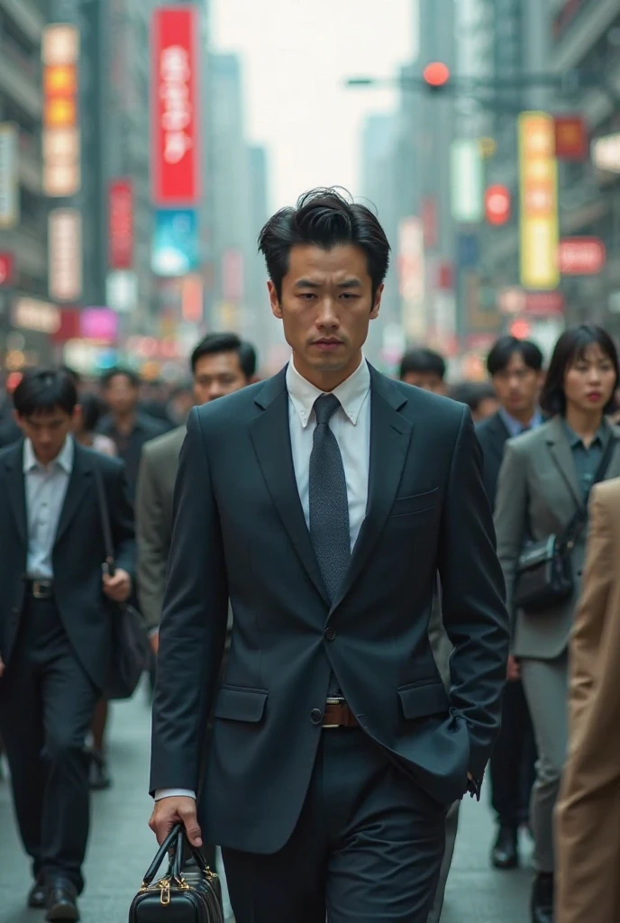 Young Japanese business man in Tokyo in the worried daytime crowd
