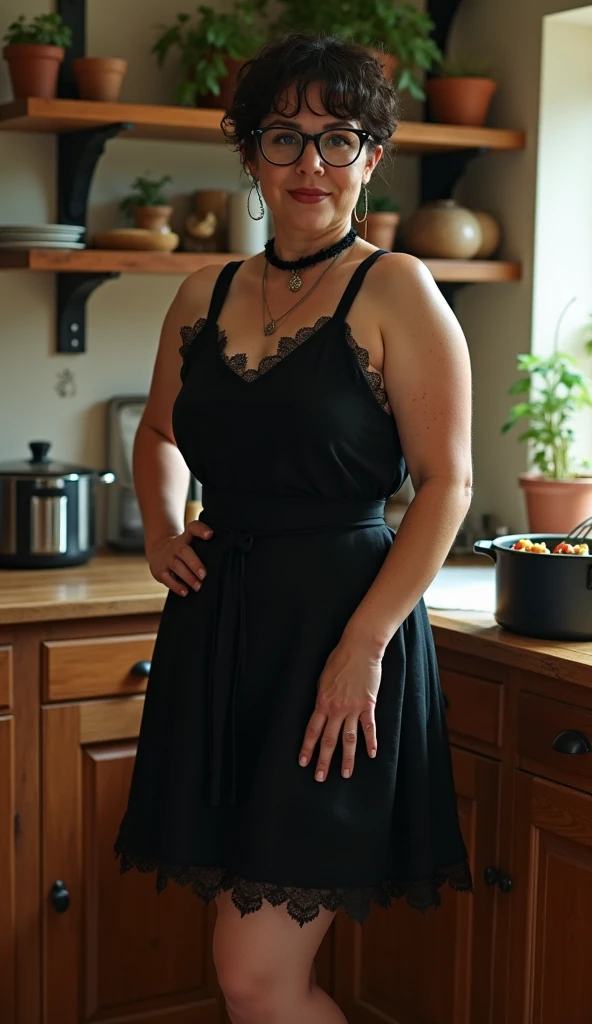 A beautiful and hot almost chubby mature woman with big.who is wearing a short and tight black lace-like dress. and standing in a wooden hut. With a smiling face. Profile photo