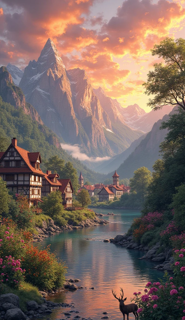 a small village by the river, mountains in the background, floral flowers colorful, detailed landscape, Beautiful natural landscapes, atmospheric lighting, scorching sunset, warm colours, practical, photopractical, Detailed Foliage, complex buildings, cobblestone street, Charming country house, swirly vibrant colors, lush vegetation, Still water reflections, Picturesque, idyllic, work of art, best quality- The bear (now massive, muscles rippling) corners a deer. Rabbit watches, uneasy.  
- Bear hesitates, spares the deer. Rabbit smiles, relieved.  
er, 8k, extremely detaild,anime styling