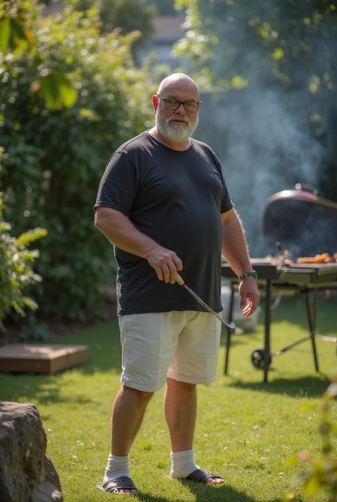 Un homme , français moyen,au regard prétentieux, d’une soixantaines d’années, les cheveux gris court, torse nu,enrobé, vêtu d’un short pantacourt rouge, en train de faire cuire une de bœuf sur un barbecue à côté d’une piscine avec des oies