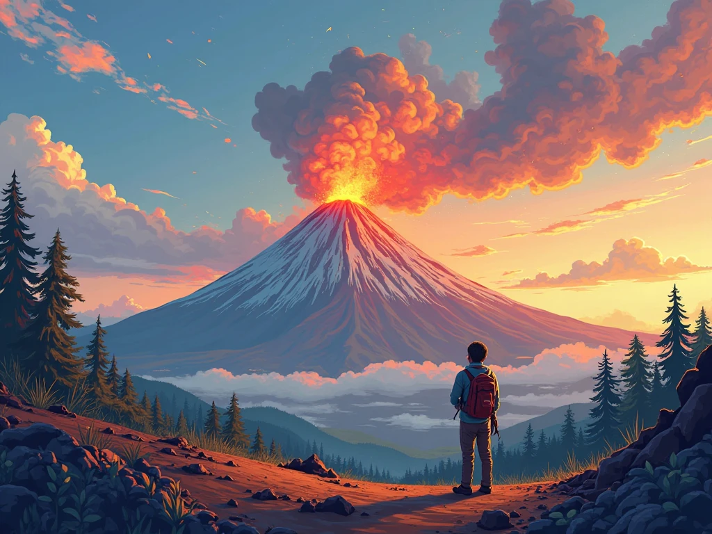 create cartoon illustrations, wide view, vibrant colours ,“The volcano is dormant. If it were an active volcano, it would be extremely hot. You could never get close to an active volcano. The inside temperatures could be as high as 1500 Fahrenheit. You will use up energy on a climb up the mountain. You will need the food and water you have packed to help you with the climb. Check to be sure you have what you need,” the guide said.