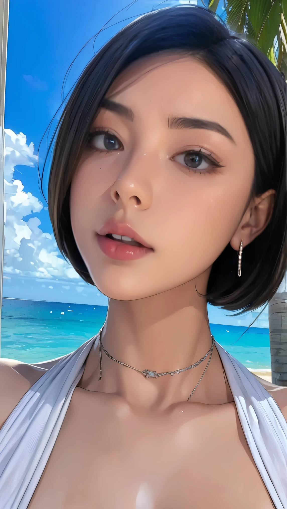 8k, RAW photo, top quality, masterpiece, realistic, Photorealistic, ( 1 ultimate beauty), 21 years old, very pretty face,((full body shot)), (Perfect Teeth), detailed eyes,(( gloss lip in front of a black recreational vehicle)), Professional Makeup、eyeshadow、silver earrings、Chain Necklace、silver choker、(smile)、(White teeth、frowns:0.8)、black hair、(short hair on mouth and chin:1.4),slender body、big breasts、cleavage、(( black tank top )),BREAK (white hoodie), ((random pose)),((from front)),, Soft light, (( Depth of Written Boundary )) ,Midsummer、Clear day、blue sky、Waikiki Beach、Avenue 、palm tree、