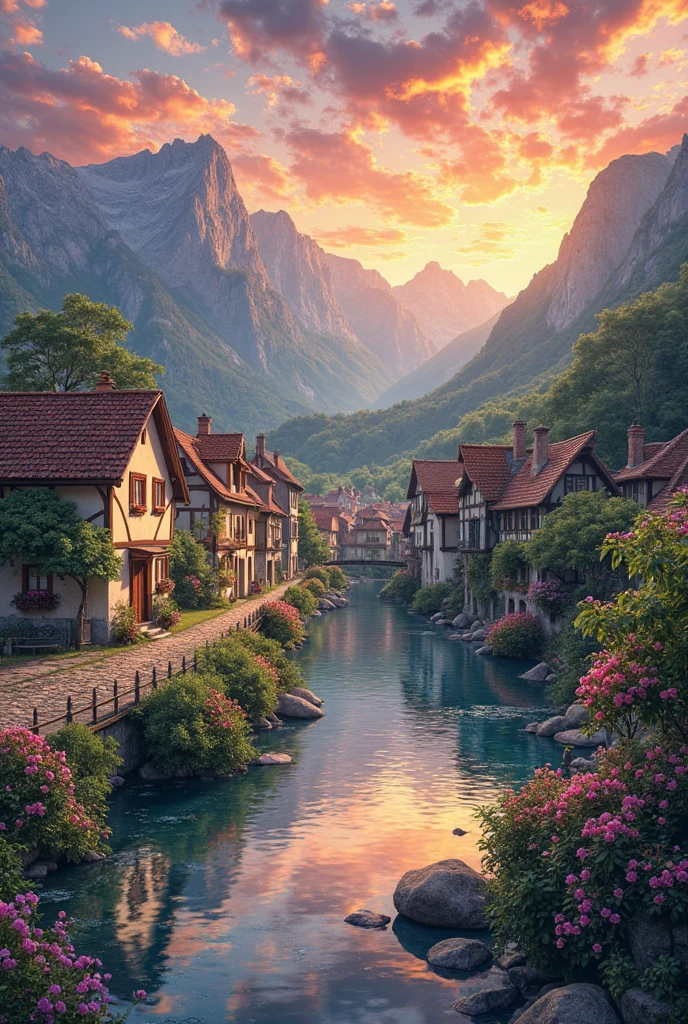 a small village by the river, mountains in the background, floral flowers colorful, detailed landscape, Beautiful natural landscapes, atmospheric lighting, scorching sunset, warm colours, practical, photopractical, Detailed Foliage, complex buildings, cobblestone street, Charming country house, swirly vibrant colors, lush vegetation, Still water reflections, Picturesque, idyllic, work of art, best qualityer, 8k, extremely detaild,anime styling