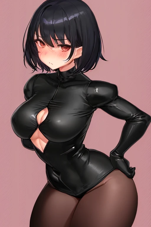 1 girl,Black tight suit,blush,Black Hair,Serious face,blue eyes,Are standing,smile,Large Breasts,Boyish hairstyle,short hair,