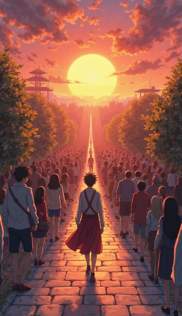 An anime character walking on a narrow path in a completely different direction from a huge crowd going the other way. He’s calm, confident, dressed in a unique outfit, backlit by a setting sun. Vibrant colors, cinematic look, 4K quality, detailed anime scene.