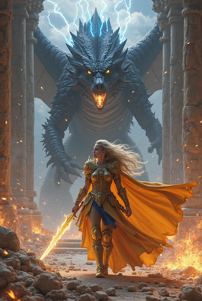 full body, full body... full body!!!!! of Arcangelo Miguel, (( blond hair, blue eyes,)) Gold armor, holding his blade and killing the dragon!!! Killing the dragon .detailed, rim lighting, magic, surreal, fantasy, ultra, realistic, sharp features, highly detailed, sharp focus, muted colors, perfect face, perfect eyes, perfect full lips, supple female form, vivid, cinematic, Film light, Hyper detailed, Hyper real --auto