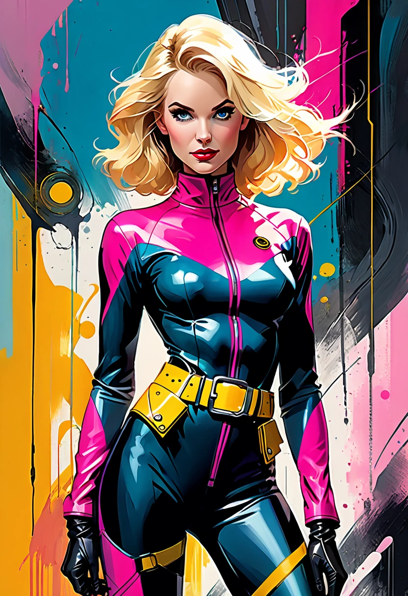 susan storm as dr Blight is a age 35 female scientist with blonde hair hanging over her left eye and who usually wears tight pink spandex jumpsuits with a yellow utility belt slung loosely around her hips, long elbow-high dark gloves, high-cut boots, abstract art style, colors, bold brushstrokes, playful, trendy, art deco, high contrast, unique composition, abstract, (((masterpiece, good quality, intricate details, high quality, best quality, 8k, in focus, sharp focus))) [[naked, nude, low quality]]