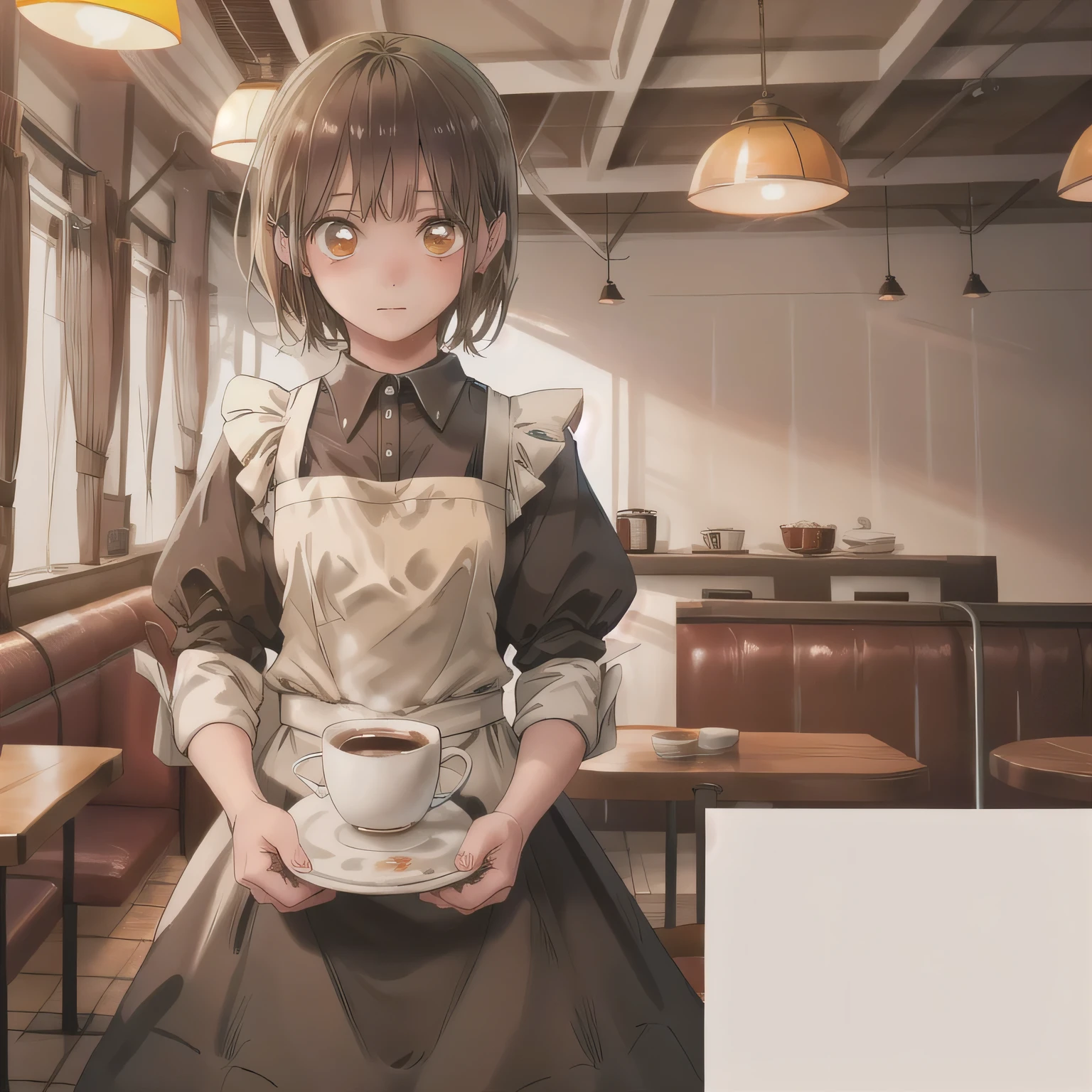 A girl is working as a waitress in a cozy cafe. She's wearing a classic maid outfit. The air feels warm and calm, and it's like you can almost smell the coffee through the picture. Brown hair, bob haircut, brown eyes.