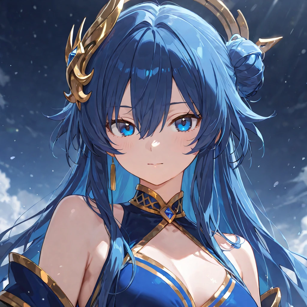 ( absurd , high quality , Super detailed, Be careful with your hands )Constellation-Sagittarius Goddess , similar to latin goodness . optimistic, fair, Funny and intelligent face . reckless, ruthless, impatient, Overconfident style . Deep blue eyes (Eye details) , Dark blue hair,shining , Sheer dress , In the starry sea , whole body , Fire , Chiron, Octane Render