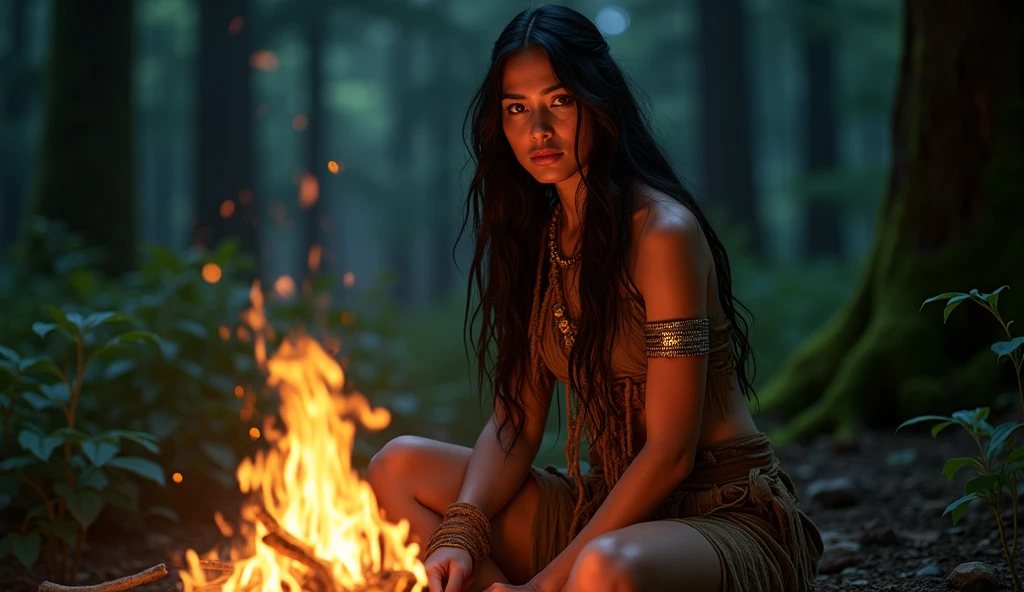 a beautiful woman sitting at a campfire and flower with dogs, tents, at night, fire light, dark silhouette, beautiful eyes, beautiful girl, high detail skin, high detail eyes, high detail hair, high rest , ultra detailed, sharpen picture, Highly detailed, masterpiece, best quality, photorealistic,
1girl, (beautiful face), perky breasts, supermodel body, long hair, native American, dark skin, feathers, hair ornament, jewelry, necklace, tribal, headdress, armlet, (facepaint), braid, bracelet, (upper thighs shot:1.3),