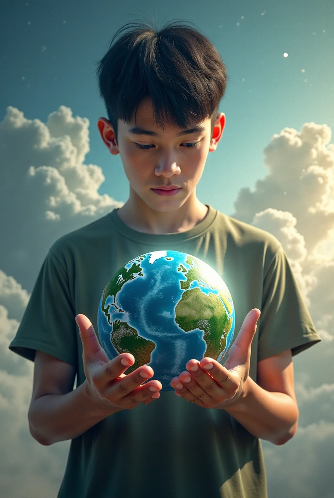 Become a Futurist Creator, draw a baby boy in space, by age 5 years, who holds carefully and tenderly in his hands the globe of the earth, glowing with blue and silver lights