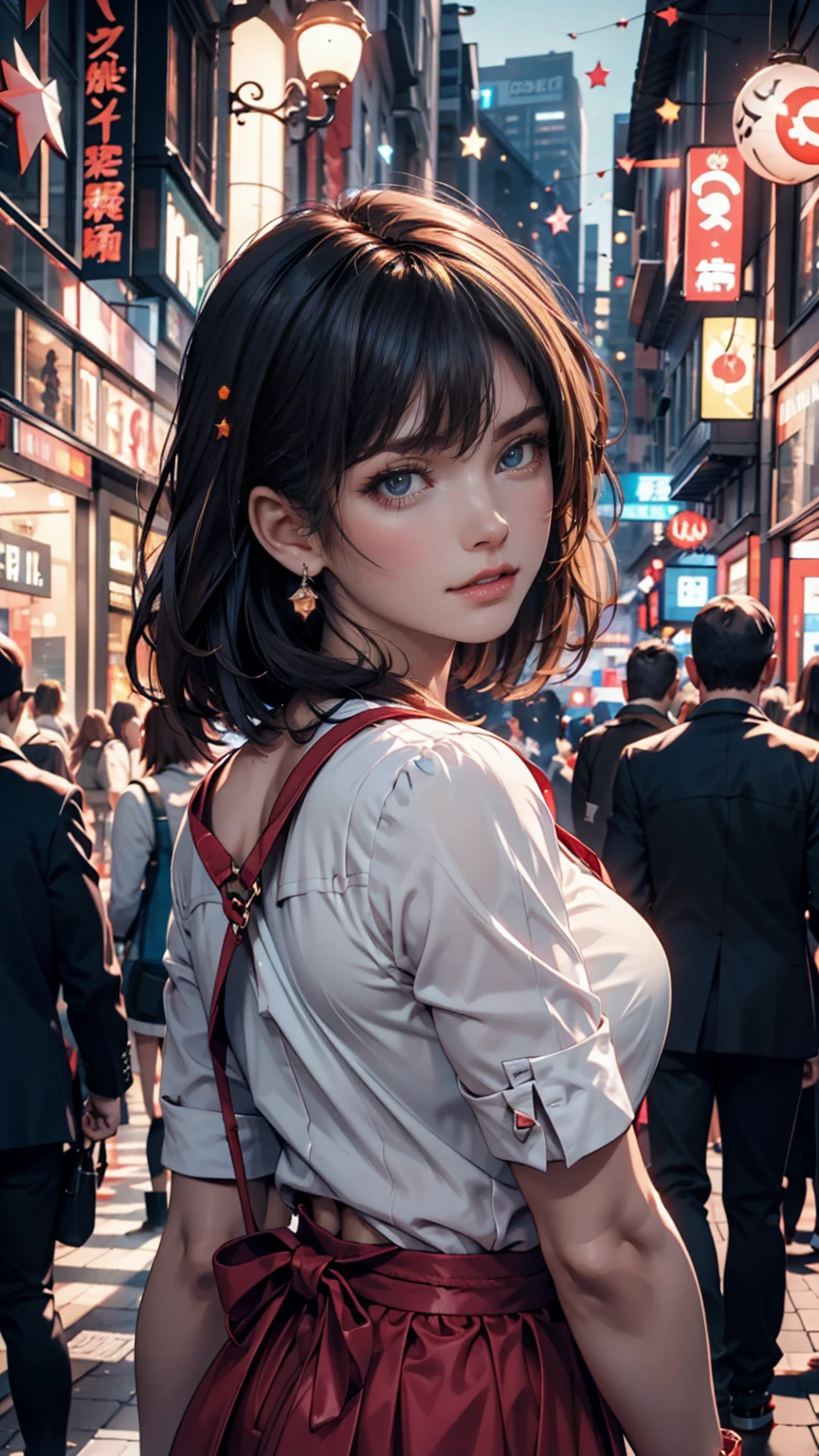 ((masterpiece)), (top quality),, Official Art, very detailedなCG Unity 8K壁紙, very detailed,  shiny skin, depth of field,  bright colors,, 1 girl, (curvilinear:0.4), (full body:0.6),, short hair, bungs, Red Eyes, skirt, viewers,  night , street, neon, look back, star (null), crowd, upper body,