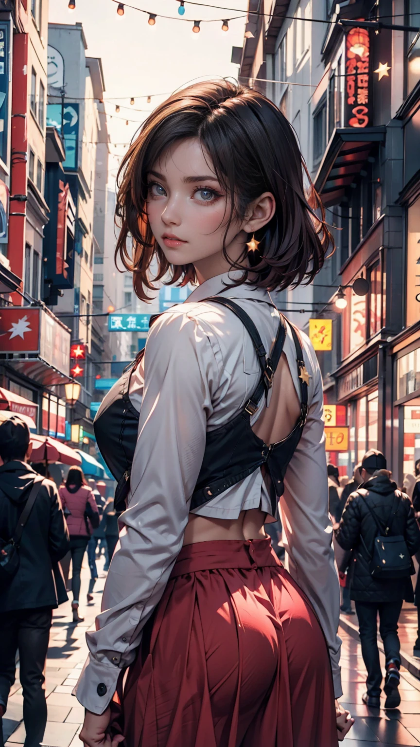 ((masterpiece)), (top quality),, Official Art, very detailedなCG Unity 8K壁紙, very detailed,  shiny skin, depth of field,  bright colors,, 1 girl, (curvilinear:0.4), (full body:0.6),, short hair, bungs, Red Eyes, skirt, viewers,  night , street, neon, look back, star (null), crowd, upper body,