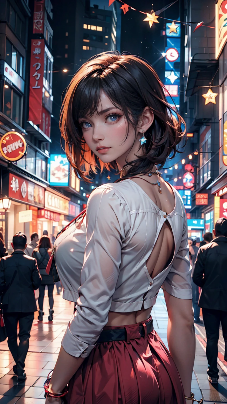 ((masterpiece)), (top quality),, Official Art, very detailedなCG Unity 8K壁紙, very detailed,  shiny skin, depth of field,  bright colors,, 1 girl, (curvilinear:0.4), (full body:0.6),, short hair, bungs, Red Eyes, skirt, viewers,  night , street, neon, look back, star (null), crowd, upper body,