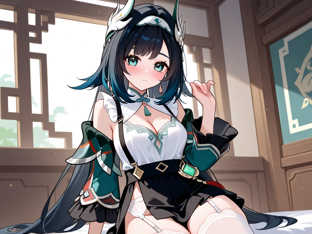 masterpiece, best quality, 1girl, solo, <lora:payila-gbf-richy-v1:1> payila, horns, pointy ears, hair ornament, tassel, cleavage, chinese clothes, see-through, blue sky, outdoors, standing, thighhighs, wide sleeves