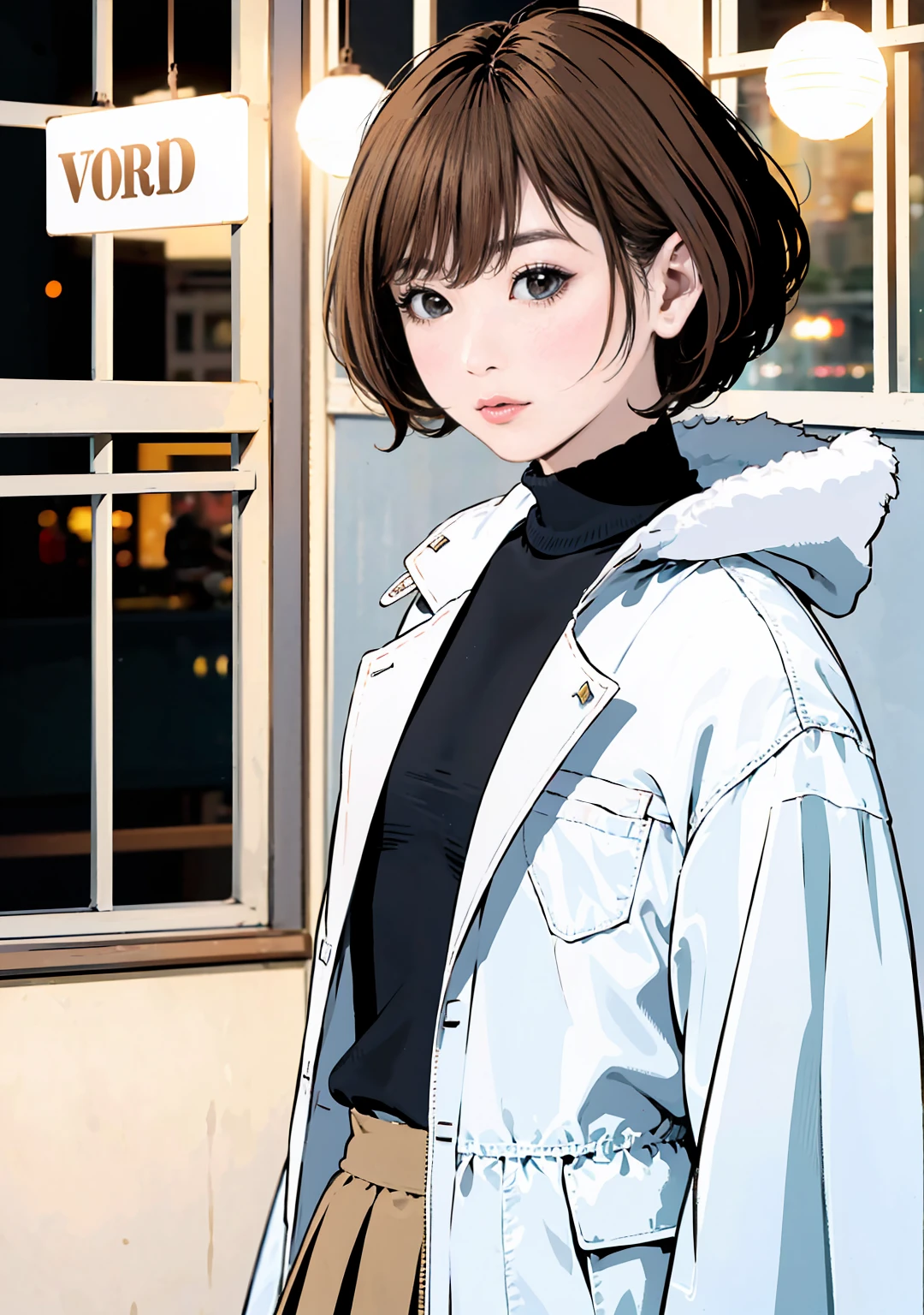 pastel colors ,     1980s Style     ,   art colored pencil drawing，( 最高quality:1.2, very well detailsed, newest, lively , aversion to being in a nightclub , masterpiece:1.2,  best aesthetics),((greatest masterpiece)),(((最高quality)))high resolution、(( World's Most Beautiful Woman、 :1.4)) bright hair color ,short bob ,casual clothes、   It's like I'm speaking directly to the audience  、miniskirt、  light black pantyhose、high resolution, masterpiece, 最高quality, wearing a white coat is anatomically correct, accurate, details, 高いdetails, high-definition model, quality, 高quality, very detailsed, textured skin,  Super Fine,  , 