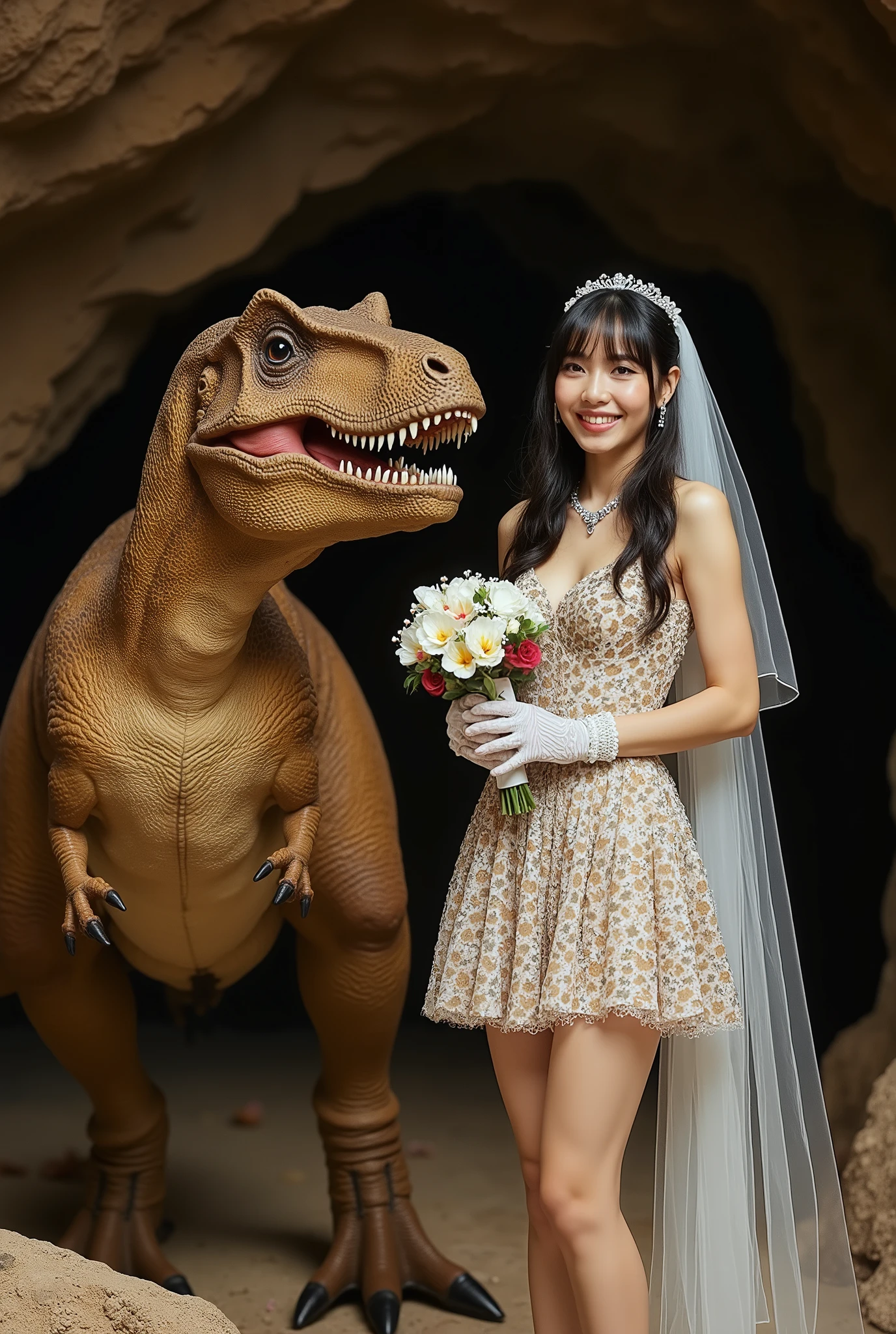 Create a portrait of a stunning Japanese female singer at a formal wedding. She has a slim figure, small breasts, and slender legs, with long hair and bangs. She is wearing a Paleolithic-style leopard print mini wedding dress, complete with a wedding veil and gloves. The singer is smiling beside a Tyrannosaurus rex, set against the backdrop of a Cretaceous cave, illuminated with cinematic lighting.