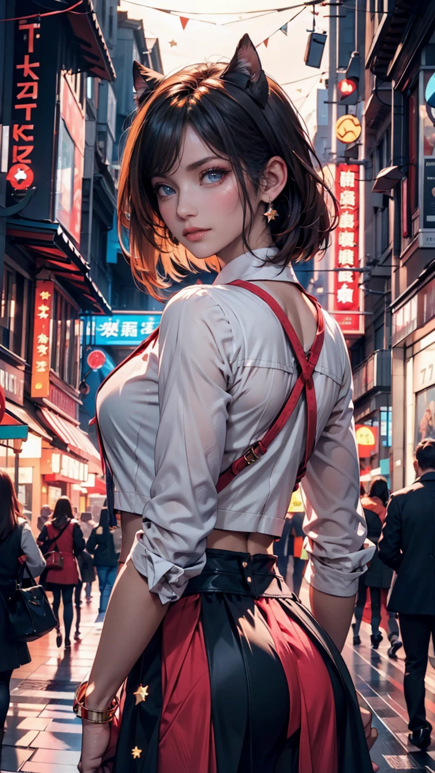 ((masterpiece)), (top quality),, Official Art, very detailedなCG Unity 8K壁紙, very detailed,  shiny skin, depth of field,  bright colors,, 1 girl, (curvilinear:0.4), (full body:0.6),, short hair, bungs, Red Eyes, skirt, viewers,  night , street, neon, look back, star (null), crowd, upper body,