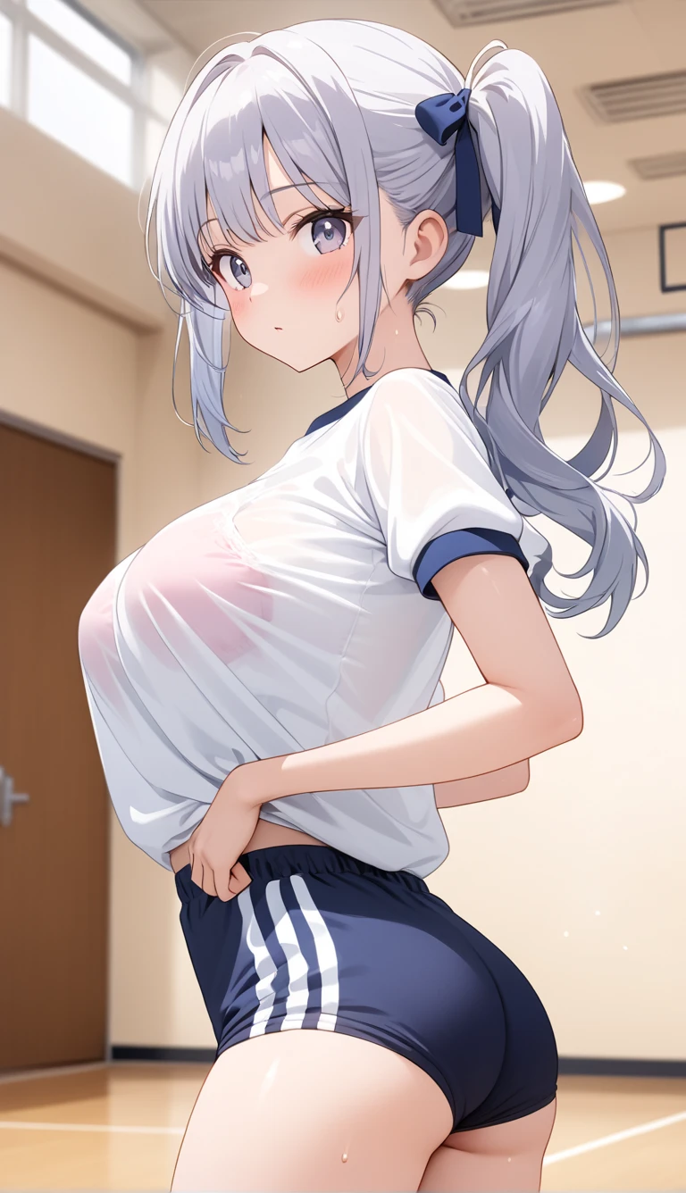 1girl,mutsukidef,(chibi:1.2),gray hair,long hair,side ponytail, (white gym shirt, short sleeve,gym uniform,dark blue buruma:1.5),wet,sweat,Hair Ornaments,halo,open mouth, embarrassed ,blush,(cameltoe:1.3),masterpiece,Noise Reduction,perfect ???????,high resolution, ultra-detailed, ultra-detailed face,game cg,dutch angle ,beautiful detailed eyes,visualart,five fingers, perfect hands, perfect lighting, sparkling pupils,