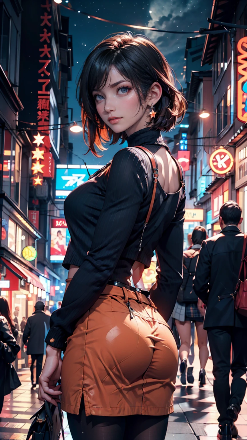 ((masterpiece)), (top quality),, Official Art, very detailedなCG Unity 8K壁紙, very detailed,  shiny skin, depth of field,  bright colors,, 1 girl, (curvilinear:0.4), (full body:0.6),, short hair, bungs, Red Eyes, skirt, viewers,  night , street, neon, look back, star (null), crowd, upper body,