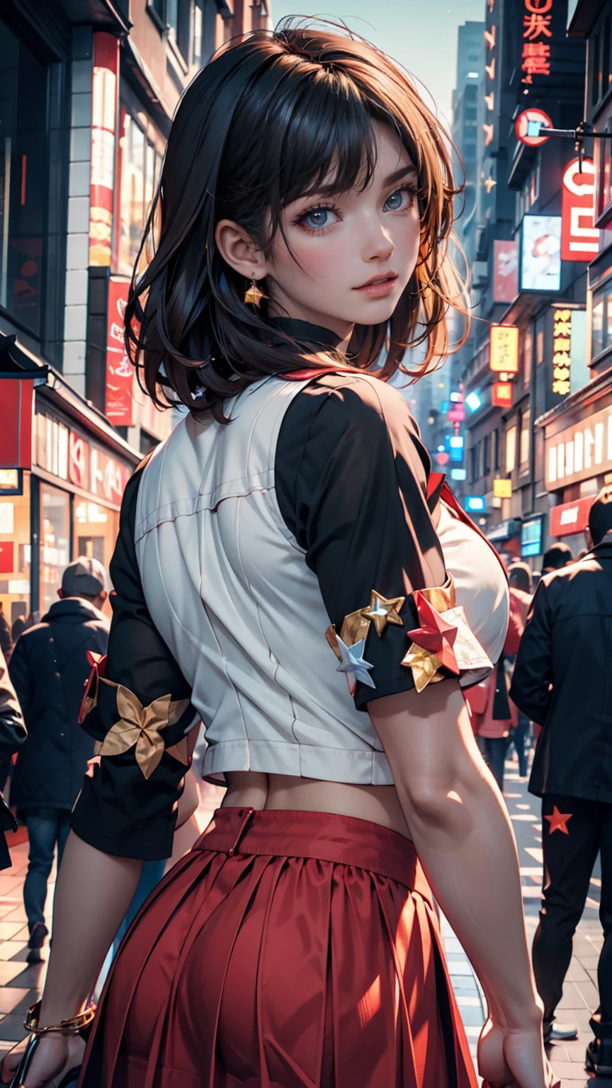 ((masterpiece)), (top quality),, Official Art, very detailedなCG Unity 8K壁紙, very detailed,  shiny skin, depth of field,  bright colors,, 1 girl, (curvilinear:0.4), (full body:0.6),, short hair, bungs, Red Eyes, skirt, viewers,  night , street, neon, look back, star (null), crowd, upper body,