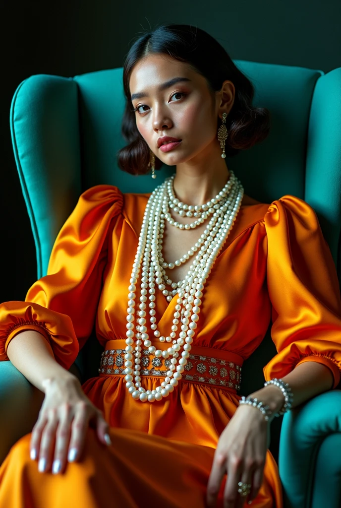 Fashion photography of an elegant woman, draped in layered pearl necklaces and bold jewelry, wearing a vibrant satin blouse and star-embellished skirt, seated in a teal chair, upper body framing, against a dark moody backdrop, with dramatic spotlighting emphasizing texture and shine, shot from a slight low angle, on a Hasselblad H6D with an 80mm lens, (soft cinematic glow:1.3), in the style of Tim Walker with Gucci aesthetic.

