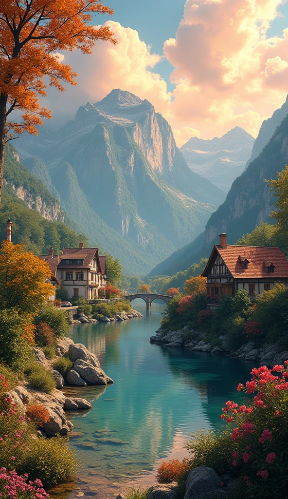 a small village by the river, mountains in the background, floral flowers colorful, detailed landscape, Beautiful natural landscapes, atmospheric lighting, scorching sunset, warm colours, practical, photopractical, Detailed Foliage, complex buildings, cobblestone street, Charming country house, swirly vibrant colors, lush vegetation, Still water reflections, Picturesque, idyllic, work of art, best qualityer, 8k, extremely detaild,anime styling
