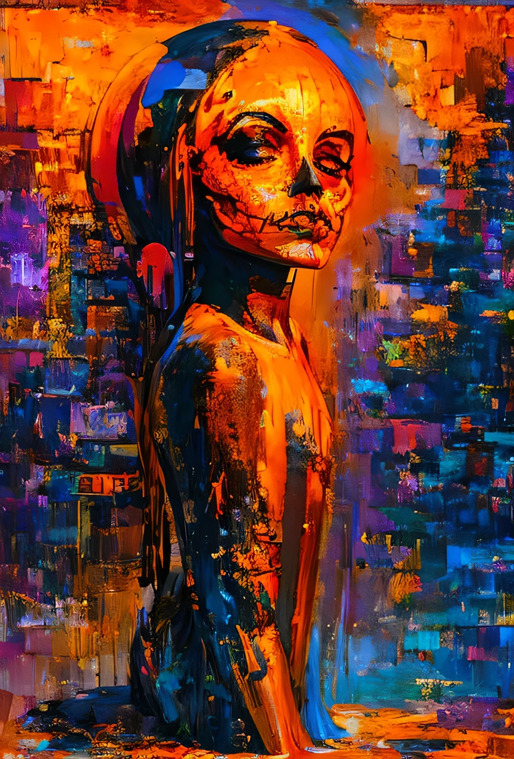 OrangeScale : Sensual GlitchArt : abstract, vibrant, animated : solitary melancholic atmosphere --v 5 --stylize 1000