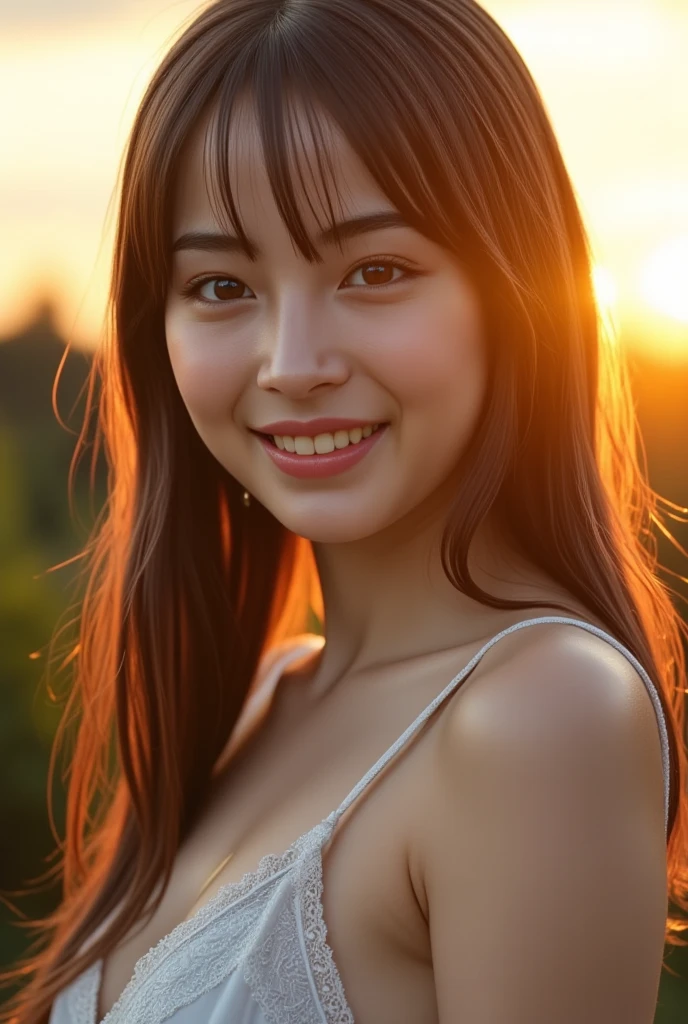 A 25-year-old woman, Short, Wear a red dress, Bust photo,  The background is Mingsha Mountain, setting sun..