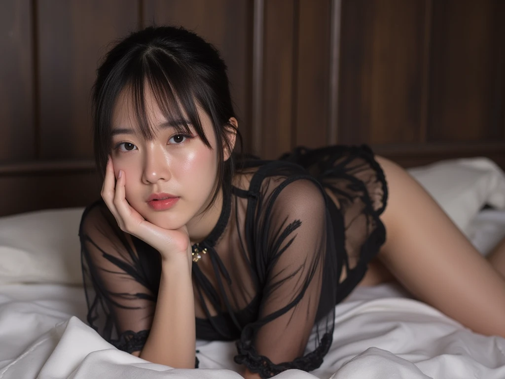 make me very cute, really beautiful asian girl dressed in lacy black pajamas and lying on the bed, the picture should be vertical