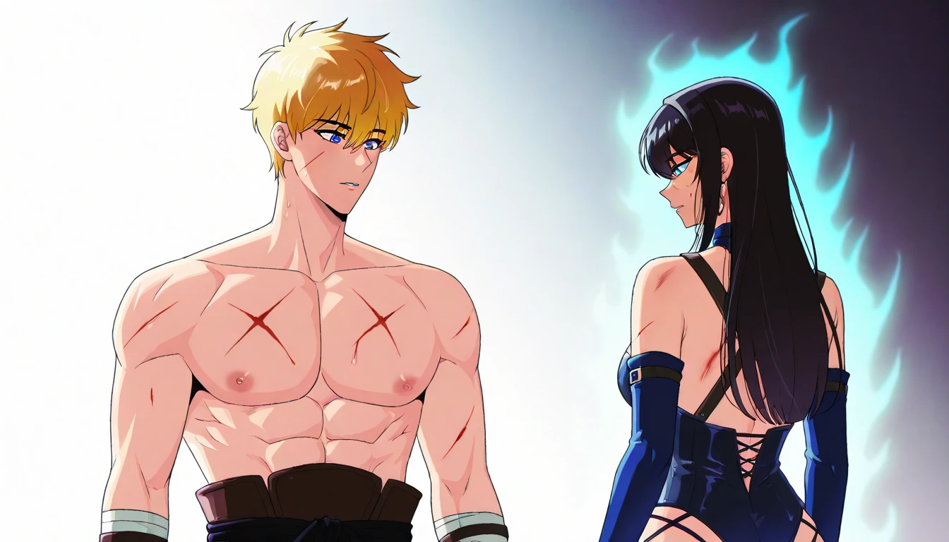 Omega Strikers、Usher、(((Brown skin)))+++、(((Black Skin)))+ ++、Muscular busty mature woman、Muscular busty mature woman、Muscular busty mature woman、Shaggy orange hair、(((Wrap a bandage around the chest)))+++、(((Wrap a bandage around the chest)))+ ++、Black eyepatch on right eye、Black shorts、Black Stockings、Black gloves、Ferocious、Ferocious smile、Battle Maniac、Wrap a white jacket around your waist、Black bangles、Abdominal muscles、Six Pack、Brown skinでBlack Skin、