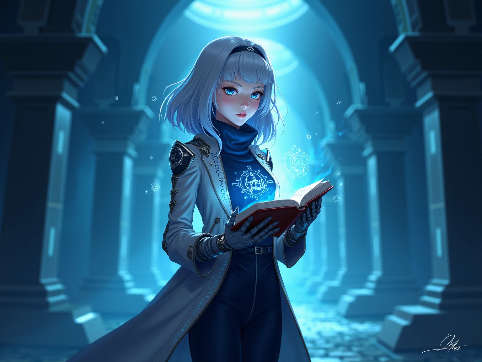 A mysterious and intelligent young woman standing in a glowing underground city of ancient metal ruins. She wears a long, elegant silver and dark indigo coat embroidered with luminous circuit patterns. Her eyes are piercing and calm, with a hint of cold brilliance. Her right arm is encased in a sleek metallic gauntlet emitting soft blue light — the Iron Script Glove. Floating around her are fragments of ancient glowing runes and code. She holds an open, levitating ancient book with unknown glyphs. Her hair is silver with subtle blue highlights, flowing like mercury. The atmosphere is serene, arcane, and high-tech with soft shadows and cool lighting. Her expression is analytical and composed, like a lone genius deciphering a cosmic secret. — anime style, soft shading, fantasy sci-fi mix, elegant tech-wear, mystical ruins background, 4k ultra detail.