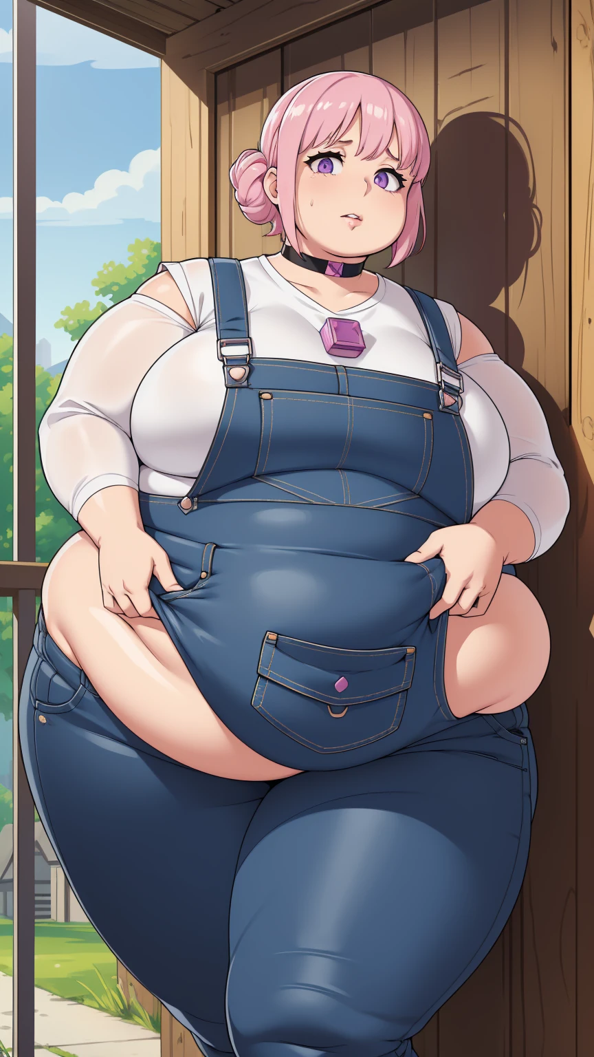 (Looking at viewer:1.2), (black pupils)Mouth open, parted lips, mouth wide open, sticking out tongue, exposed belly, slutty(Pale skin:1.0)Up close, Holding belly, hands on belly, outgrown clothes,Pale skin,fat, farm backround, upper body, looking at viewer, 1girl, solo, short pink hair, (dark blue choker), (dark blue denim overalls), (purple eyes), (pink boots), (white shoulder lantern sleeve blouse, tucked in pants, Round face, double chin, fat chin, fat cheeks, fat neck, round face, SSBBW, flabby arms, round face, double chin, fat double chin, big double chin, fat neck, chubby cheeks, fat thighs, fat calves, morbidly obese, flabby , giant , large belly, obese, fat face, belly, double chin, obesity, flabby breasts, fat arms and legs, fat everything,