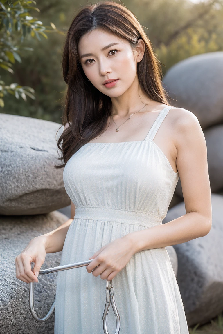masterpiece, best quality, ultra-detailed, ultra high res, (photorealistic:1.4), raw photo, (realistic:0.2), CG, 8k HDR, cinematic lighting, 1girl, solo, looking at viewer, (simple blouson dress, sleeveless), outdoor, (colorful), day, (half submerged in a river), meadow, upper body, lower body, asymmetrical hair, (detailed oily skin, medium breasts:0.8), (detailed face), (detailed background :1.1), closed mouth,
