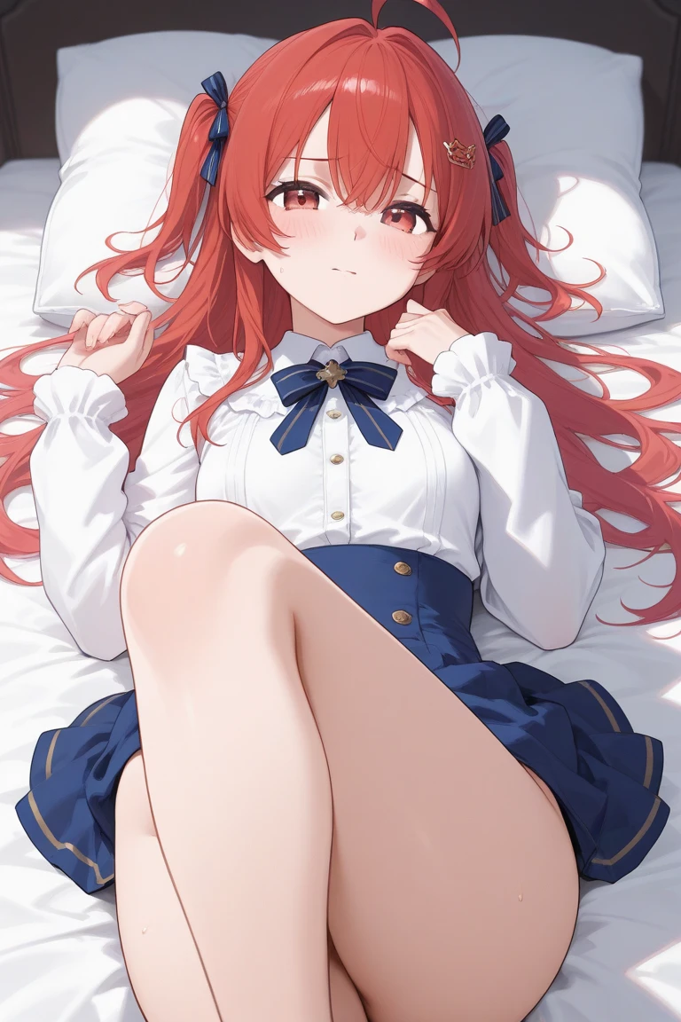 校服、a sailor suit、yellow ribbon、Big butterfly々Knotting Ribbon、Sky blue sailor collar、Sky blue skirt、(masuter piece:1.2、best qualtiy)、(Fine beautiful eyes:1.2)、(Very detailed CG Unity 8K,tmasterpiece、best qualtiy、Hyper-detailing、Best Shadow)、(detailedbackground)、(beautifull detailed face、beatiful detailed eyes)、highcontrast、(The best lighting、Highly finished、Beautiful fece) ,1girll、(Background of the infirmary、)on the beds、Holding your legs、Beautiful detail glow、full body Esbian、yellow hairband、Red eyes、((Very fine eyes))、Straight long hair、Straight red hair that extends down to the back、long eyelashes、no-makeup、(extra large breast)(((The is protruding)))、Melancholy look、Legs wide open、Thigh opening、White small underwear、My crotch is wet、large udder、large udder、large udder、Posture to invite a man、ムラムラする、