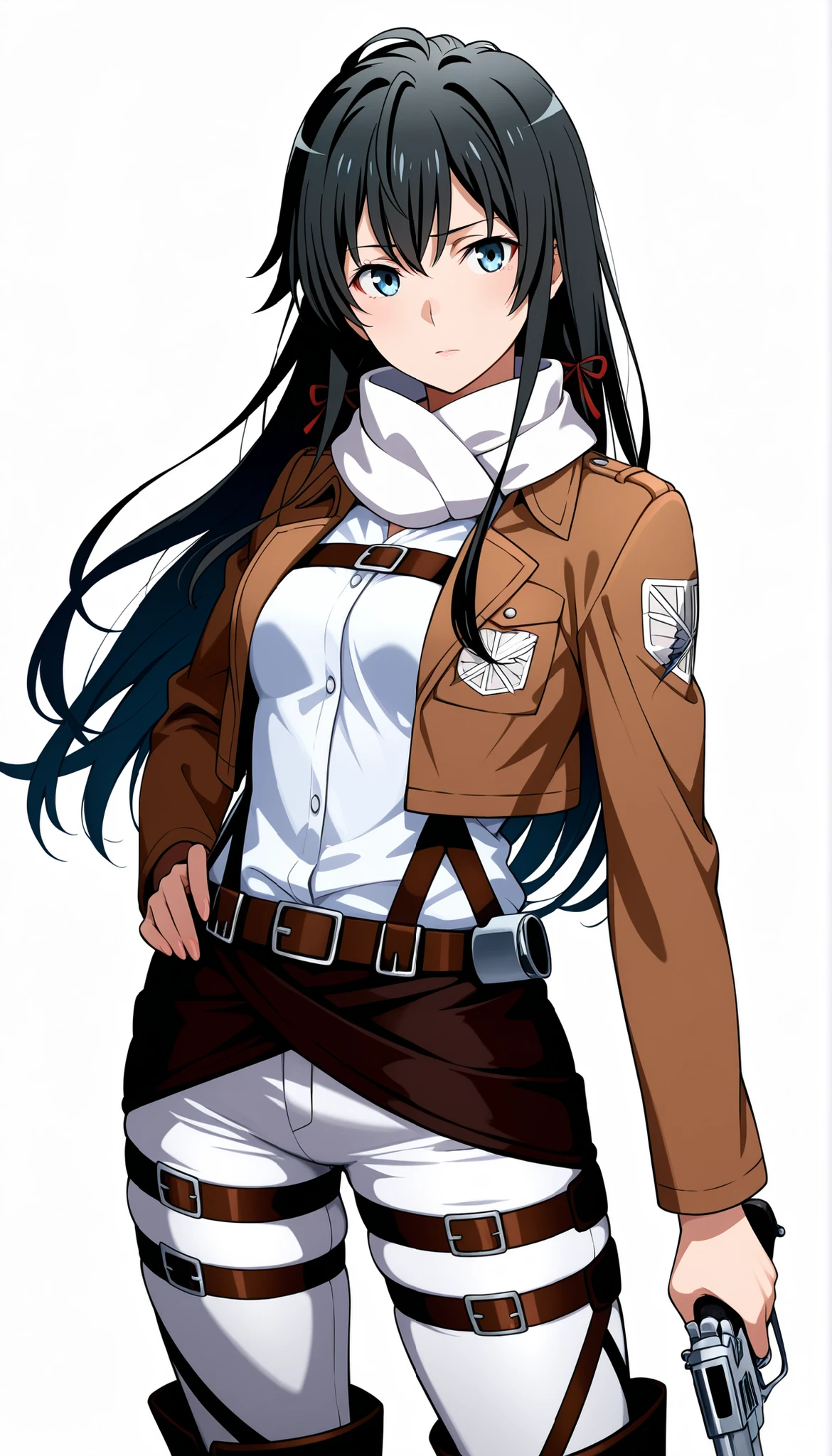 Yukinoshita yukino, 1girl, long hair, black hair, blue eyes,, reaching at viewer,, , closed mouth, paradis military uniform, scarf, jacket, open jacket, shirt, belt, thigh strap, pants, soft full thighs , hand on hip, nice adult figure, , dual wielding, standing, white background, simple background, masterpiece, best quality, highres, very aesthetic, very awa, newest, amazing details, intricate details, ultra detailed