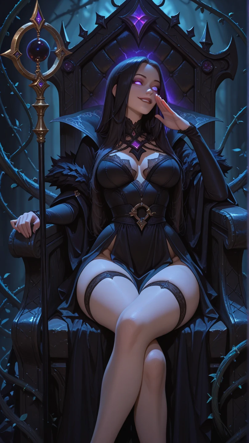 A queen is sitting on a throne in the underwater palace, the queen has dark blue hair that goes past her butt, tifa's face, tifa-like hair, blue eyes, cold demeanor, wearing a tight dress sexy close-up, big boobs, big butt, belly, topless outfit, a long blue sea dragon entwining her throne, architectural style final fantasy 15, DARK, Haunted Book MAGIC, CHARACTER, MAGIC EFFECTS, MAGIC ILLUSION, MAGIC ARCHITECTURE
