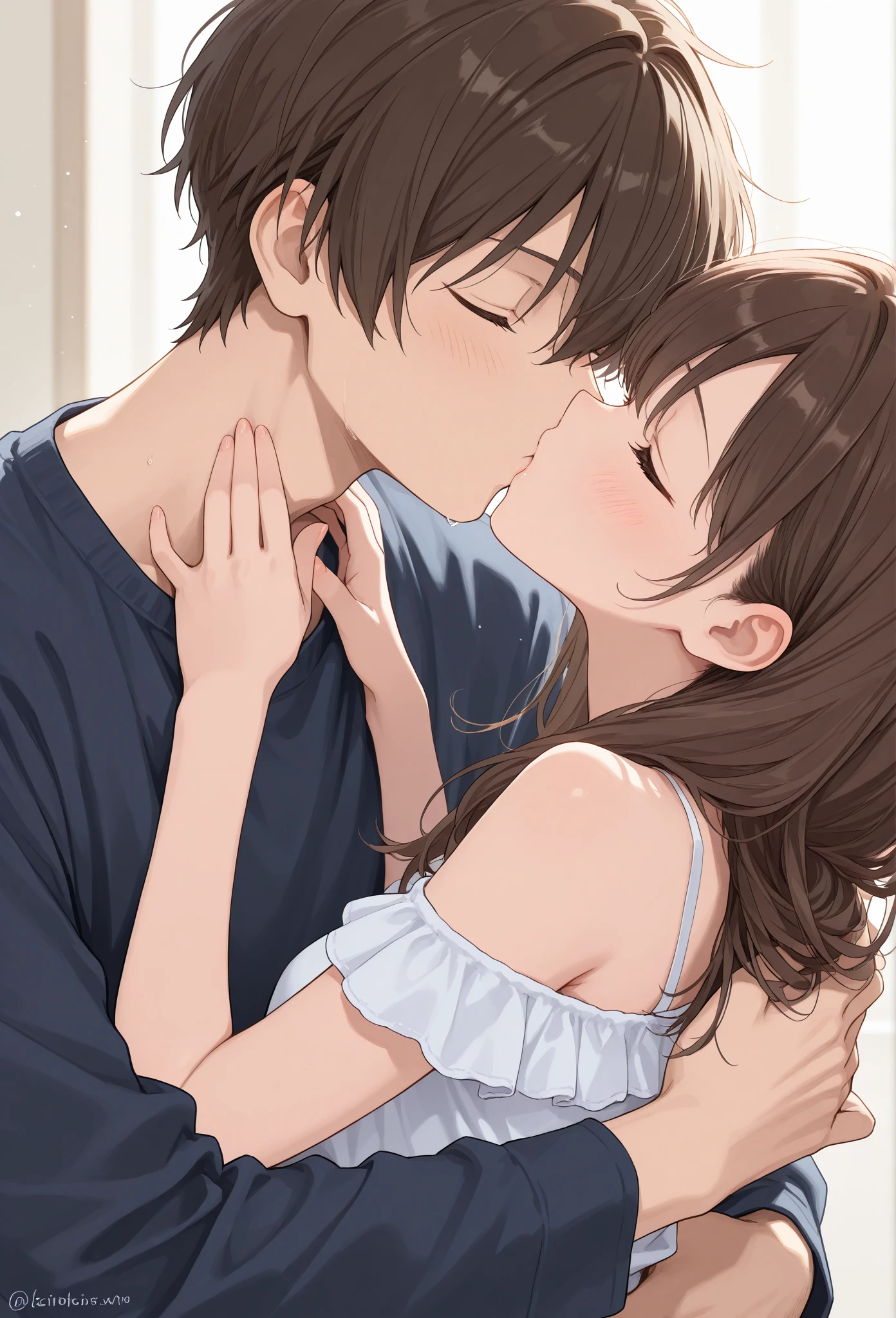 score_9, score_8_up, score_7_up, score_6_up, source_anime, masterpiece, best quality, very aesthetic, uncensored, hand_under_clothes, 1girl and 1boy, (kiss on the lips:1.3), cute face, lace camisole, round breasts, small breasts, grabbing breast, long hair, brown hair, living room, window, window blinds