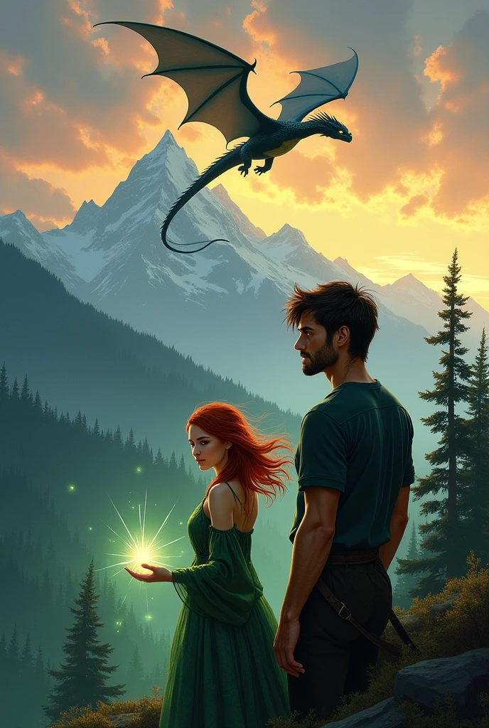 Illustration Prompt for Book Cover Design
Title: The Hidden World: Inheritance
Art Style: Cinematic, digitally painted fantasy realism — rich lighting, dramatic shading, high detail in characters and backgrounds, with vibrant yet balanced colors. Match the reference image’s mood and painterly texture.

🧍 Character Placement and Design
Foreground (Centered, slightly right-angled):

Jack Fallon

Pose: Protective but introspective, standing slightly behind and to the right of Fiore. Broad-shouldered and powerful posture.

Appearance:

Very tall, heavily muscled build — “built like a wall”

Dark brown tousled hair, cut just a bit wild

Intense amber eyes

Subtle shimmering dragon scale rash creeping up one side of his neck or arm

Wearing a forest-green or charcoal shirt, slightly unbuttoned, hinting at strength without being flashy

Expression: Serious, contemplative, watchful.

Fiore Rhian

Pose: In front of Jack, leaning slightly forward or upward like she’s sensing danger or power, hands lit with faint energy/light.

Appearance:

Fiery red, flowing hair catching the light

Radiant green eyes, sharp and ethereal

Enchantingly beautiful — facial features glowing subtly, flawless skin

Wearing an intricately patterned emerald green dress or tunic with Fae-like designs

Faint magical aura: her hands gently glowing with light and electricity

Expression: Mysterious, graceful, determined, drawn toward the unknown.

🏞️ Background Elements
Mountains: Majestic snowcapped peaks inspired by the reference, stretching across the horizon — possibly glowing with morning or evening light.

Dragon: A large, shadowy dragon soaring high above the mountain line in the background — menacing but elegant. Black or deep indigo scales, wings wide, partially silhouetted against the sky.

Sky: Warm tones — golden hour light with scattered clouds catching the sunlight. Optional mystical glow or aurora for a magical touch.

Forest & Mist: Deep, enchanted forest below the mountains, cloaked in