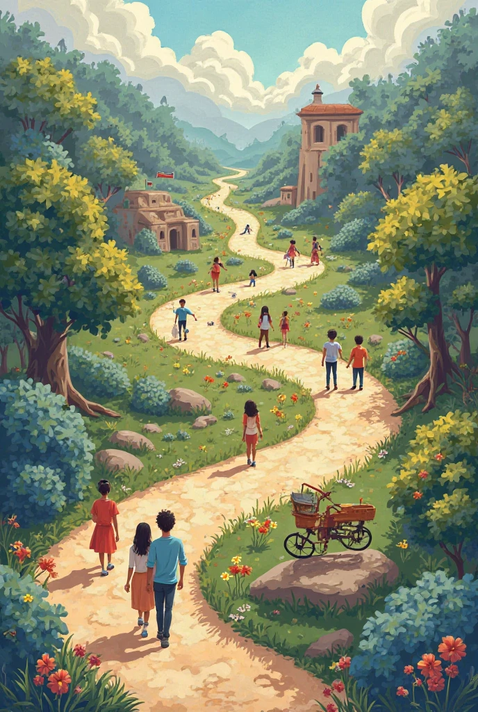 Create a map or pathway that illustrates family adventures, such as vacations, milestones, and experiences you've shared