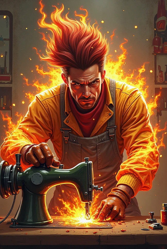  And the theme of Abby's work is fireball, the guy who's fixing the sewing machine.