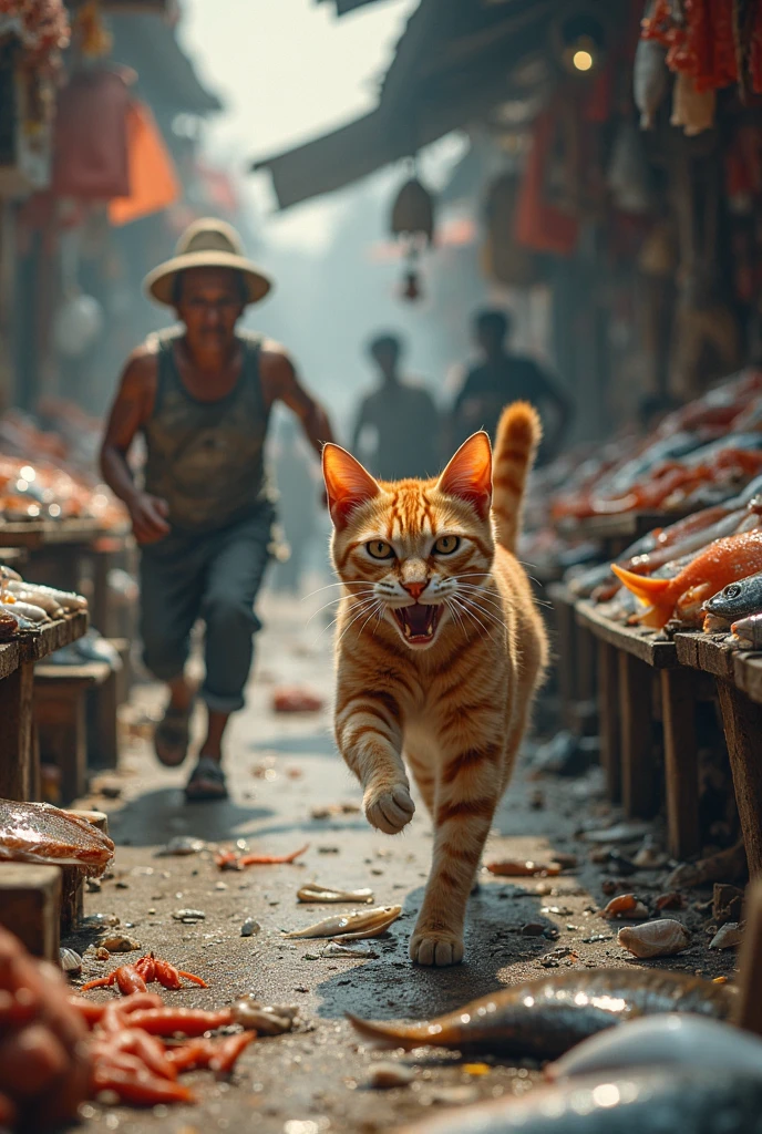 give me a realistic photograph of a  orange mother cat steal an fish in the fish wet market and the owner chase the orange mother cat