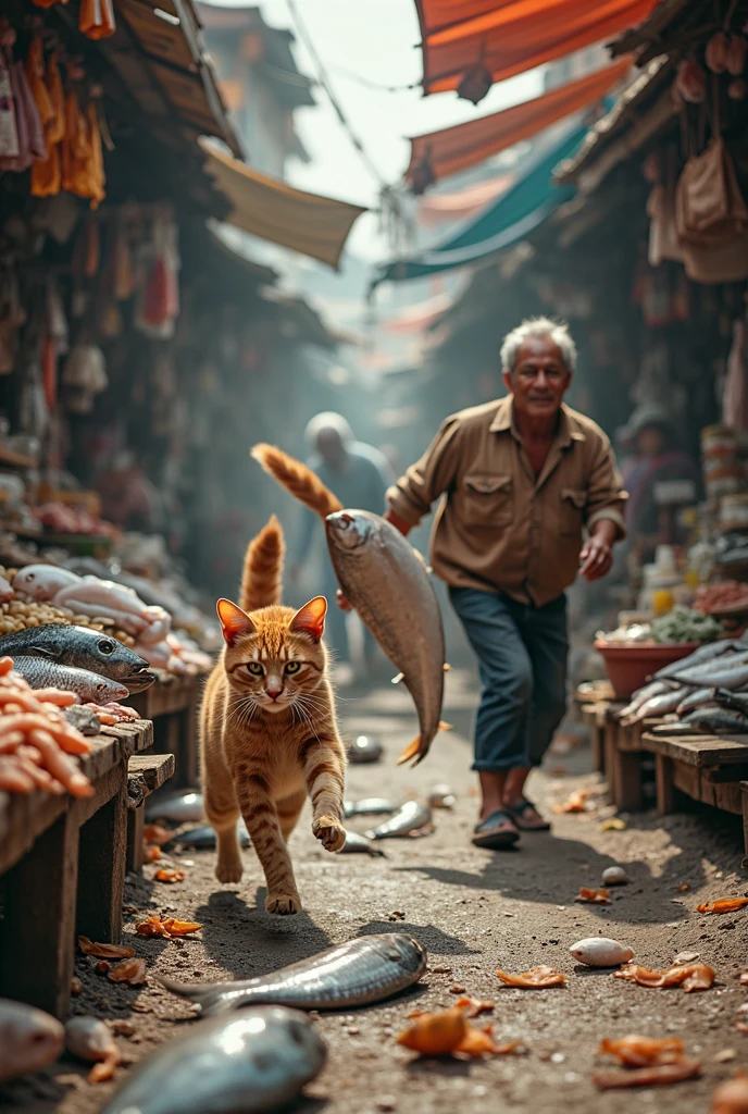 give me a realistic photograph of a  orange mother cat steal an fish in the fish wet market and the owner chase the orange mother cat