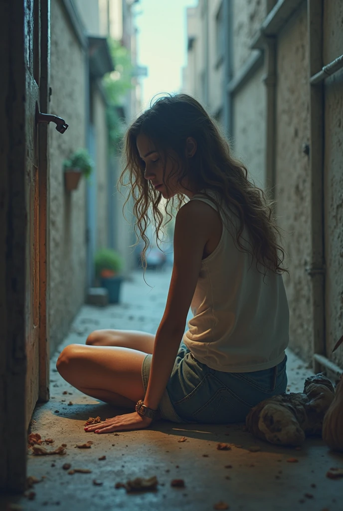 A teen girl is peeing in a corner of a alleyway 