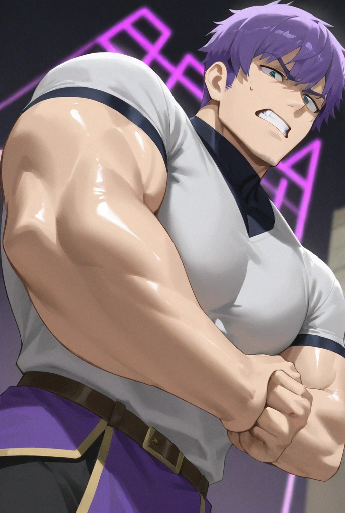 Hünkel,bandage,Silver Hair,Hulk-like body,18-year-old boy,Huge penis,((Being pinned down by black tentacles)),Open your arms wide and clench your fists,Open your mouth wide,Wide, unfocused eyes,Many protruding veins,((Countless black tentacles attack from behind)),((Shoots purple mist from his chest:1.5)),Full body images,Painful expression,Black undershirt,Huge erect penis,A lot of sweat, tears, drool and semen,In the middle of the Colosseum,Gives off an evil aura,Standing karate stance,Toned Muscles,rape,Devil's Body