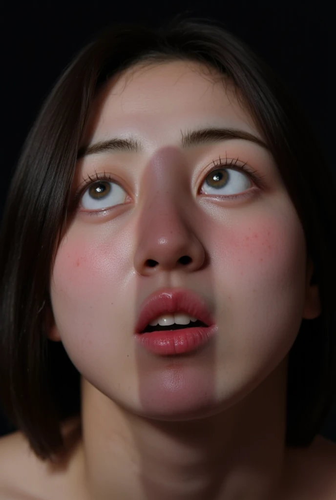 beautiful girl, Kneeling in front of the viewer , The shadow of a huge on her face , She looks up at her with awe, Delicate facial features coming out of her , photorealistic, dramatic lighting, high quality, 8k, ultra-precise, masterpiece.mouth