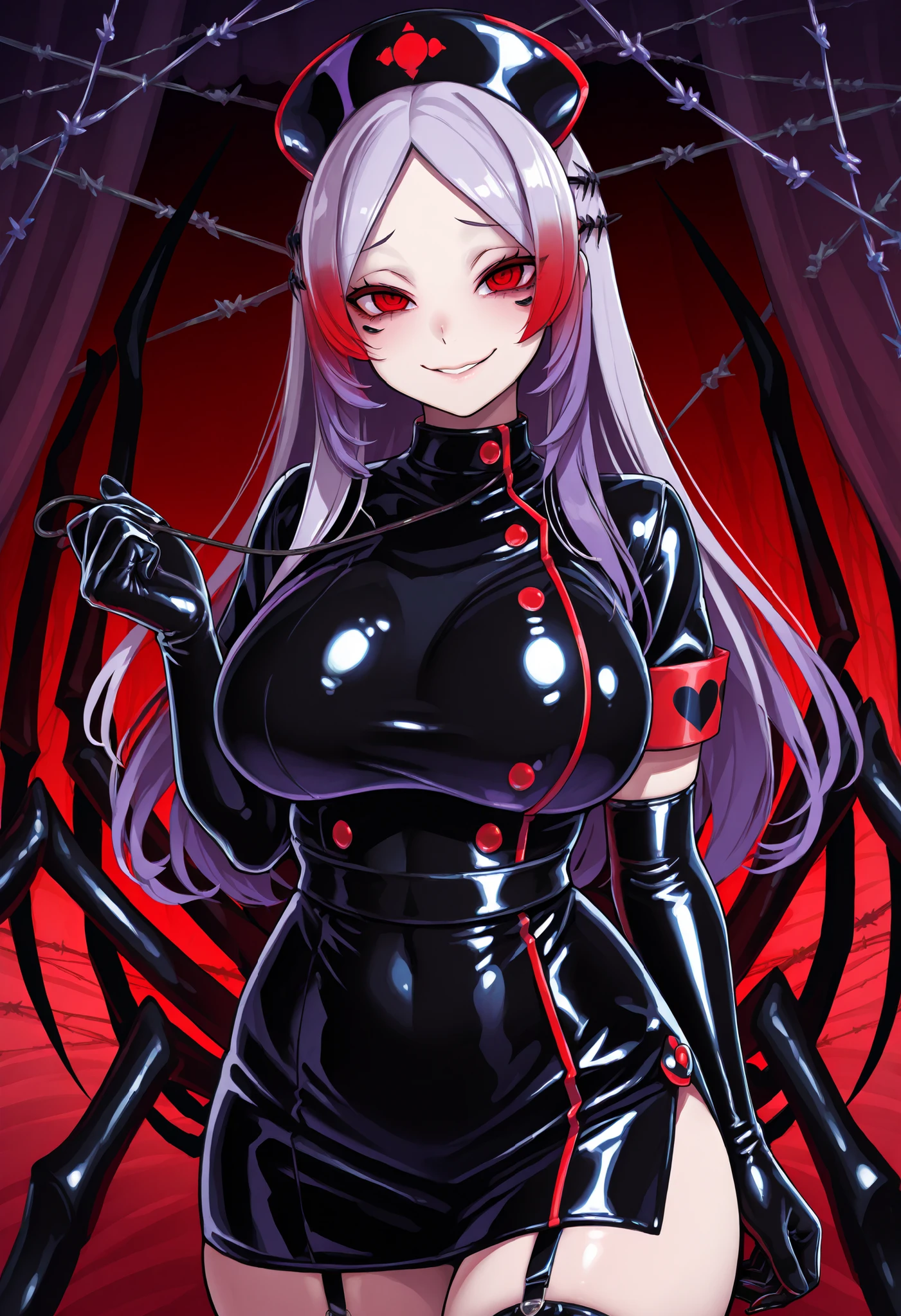 Arachne Girl. Lavender color hair. Medium length hair. Parted bangs. Sharp gaze. Red eyes. Multiple eyes. Yandere smile. Black latex nurse costume. Glossy. Curvy waist. Firm breasts. Large breasts. Gloves. Red spot widow. Spider. Barbed wire.