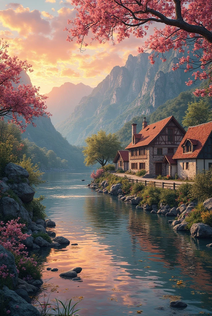 a small village by the river, mountains in the background, floral flowers colorful, detailed landscape, Beautiful natural landscapes, atmospheric lighting, scorching sunset, warm colours, practical, photopractical, Detailed Foliage, complex buildings, cobblestone street, Charming country house, swirly vibrant colors, lush vegetation, Still water reflections, Picturesque, idyllic, work of art, best qualityer, 8k, extremely detaild,anime styling